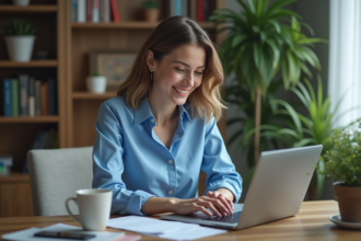 Jeune femme souriante utilisant Excel sur un ordinateur portable dans un bureau moderne