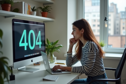 Jeune femme au bureau regardant un message 404