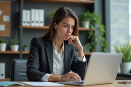 Femme professionnelle concentrée sur son ordinateur au bureau