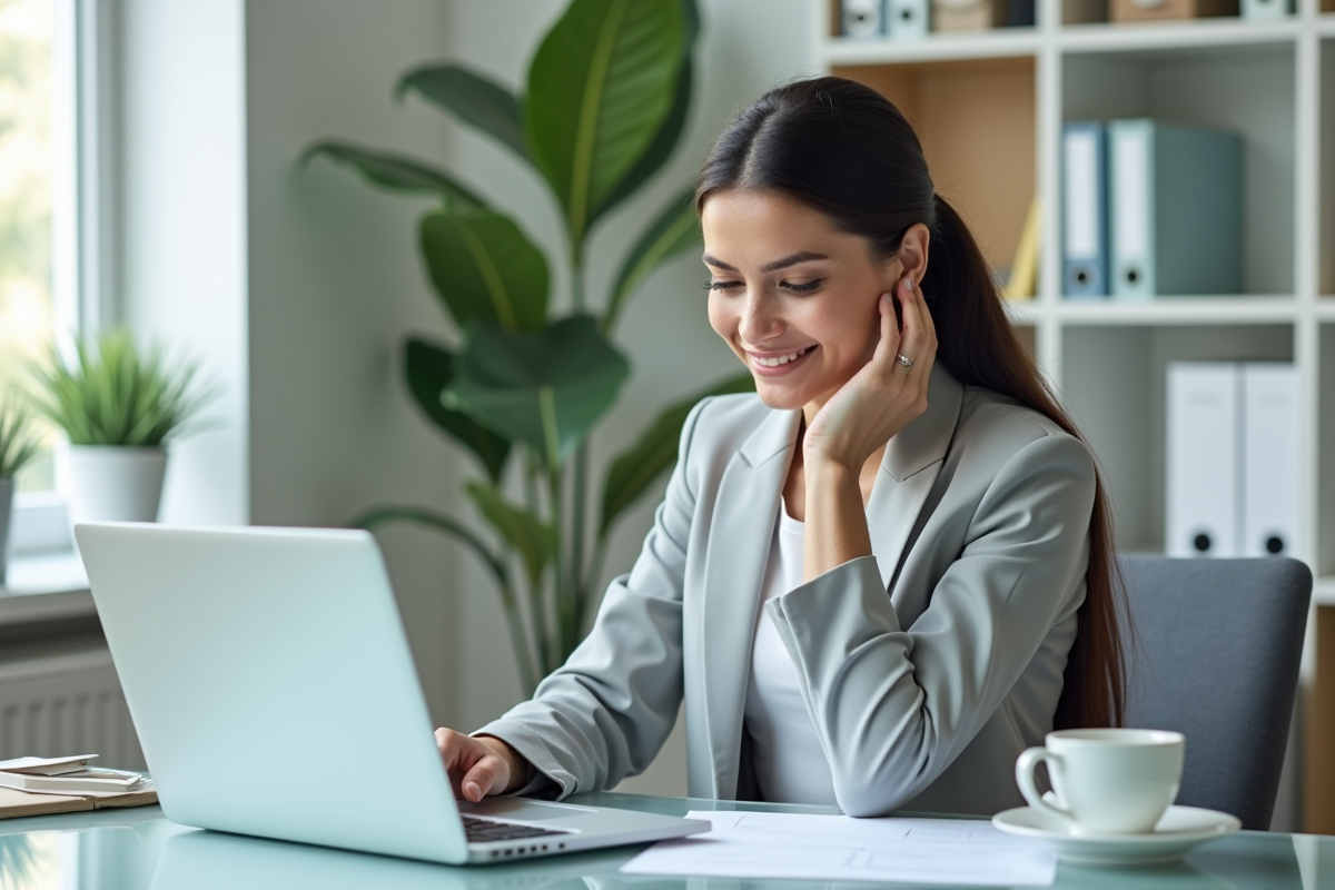 Femme professionnelle souriante vérifiant ses e-mails au bureau