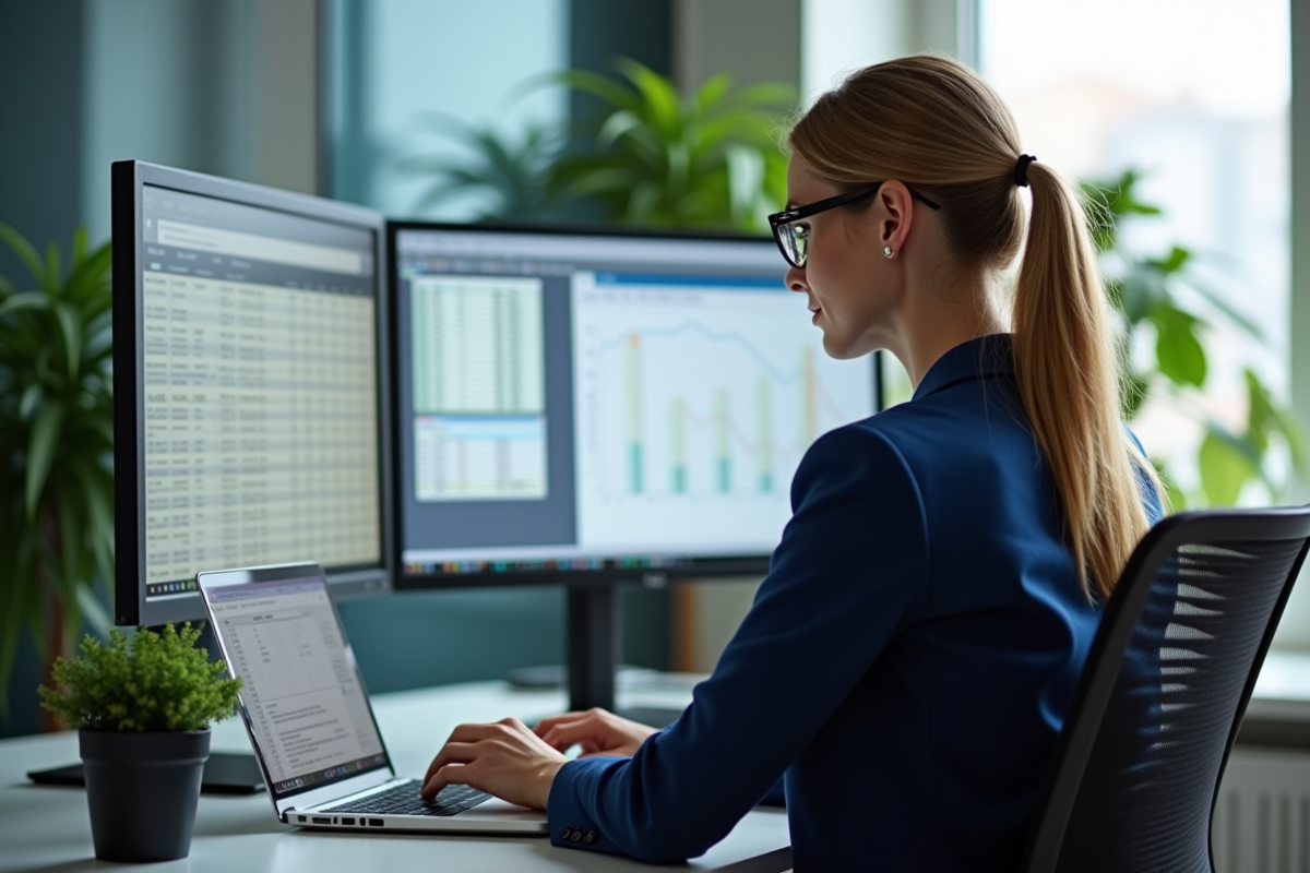 Femme concentrée utilisant Excel et Access au bureau