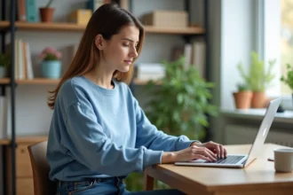 Femme au bureau vérifiant ses emails dans un espace cosy