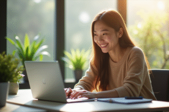 Jeune femme souriante au bureau avec un ordinateur portable lumineux