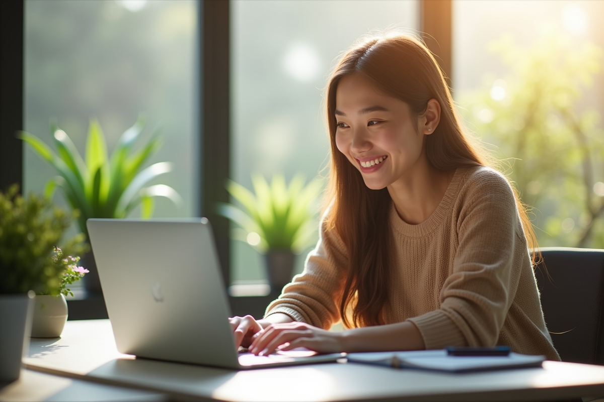 Jeune femme souriante au bureau avec un ordinateur portable lumineux