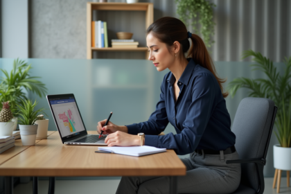 Jeune femme en bureau prenant des notes avec ordinateur