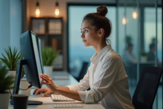 Femme en bureau ajustant son écran d'ordinateur