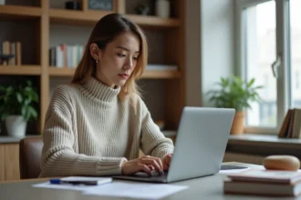 Jeune femme concentrée travaillant sur son ordinateur dans un bureau moderne