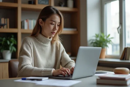 Jeune femme concentrée travaillant sur son ordinateur dans un bureau moderne