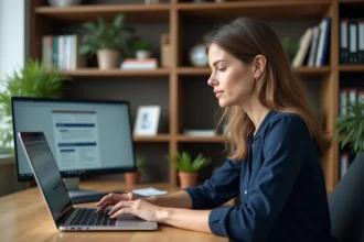 Femme concentrée devant un ordinateur en bureau moderne