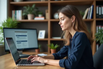 Femme concentrée devant un ordinateur en bureau moderne