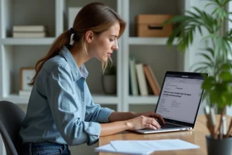 Jeune femme au bureau vérifiant un message d'erreur sur son ordinateur
