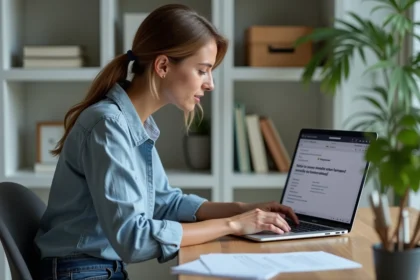Jeune femme au bureau vérifiant un message d'erreur sur son ordinateur
