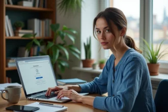Femme au bureau moderne utilisant un ordinateur pour email français