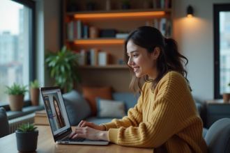 Jeune femme assise à un bureau moderne regardant un ordinateur