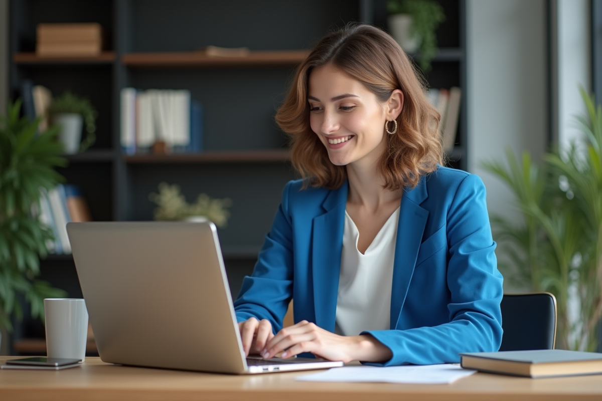 Femme en blazer bleu travaillant sur son ordinateur dans un bureau moderne