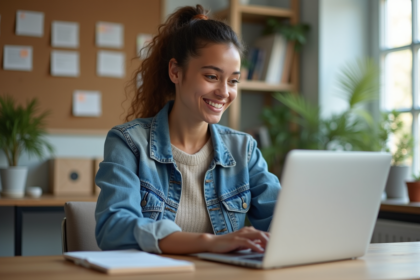 Jeune femme au bureau tapant sur un ordinateur portable