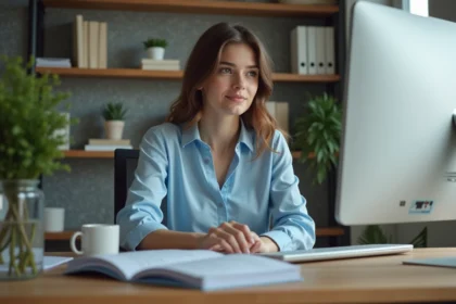 Jeune femme de bureau concentrée sur son ordinateur dans un espace calme
