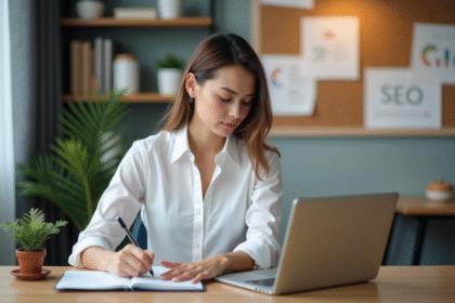 Jeune femme concentrée travaillant en home office pour le SEO