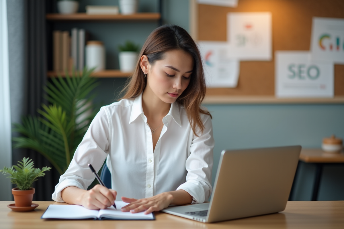 Jeune femme concentrée travaillant en home office pour le SEO
