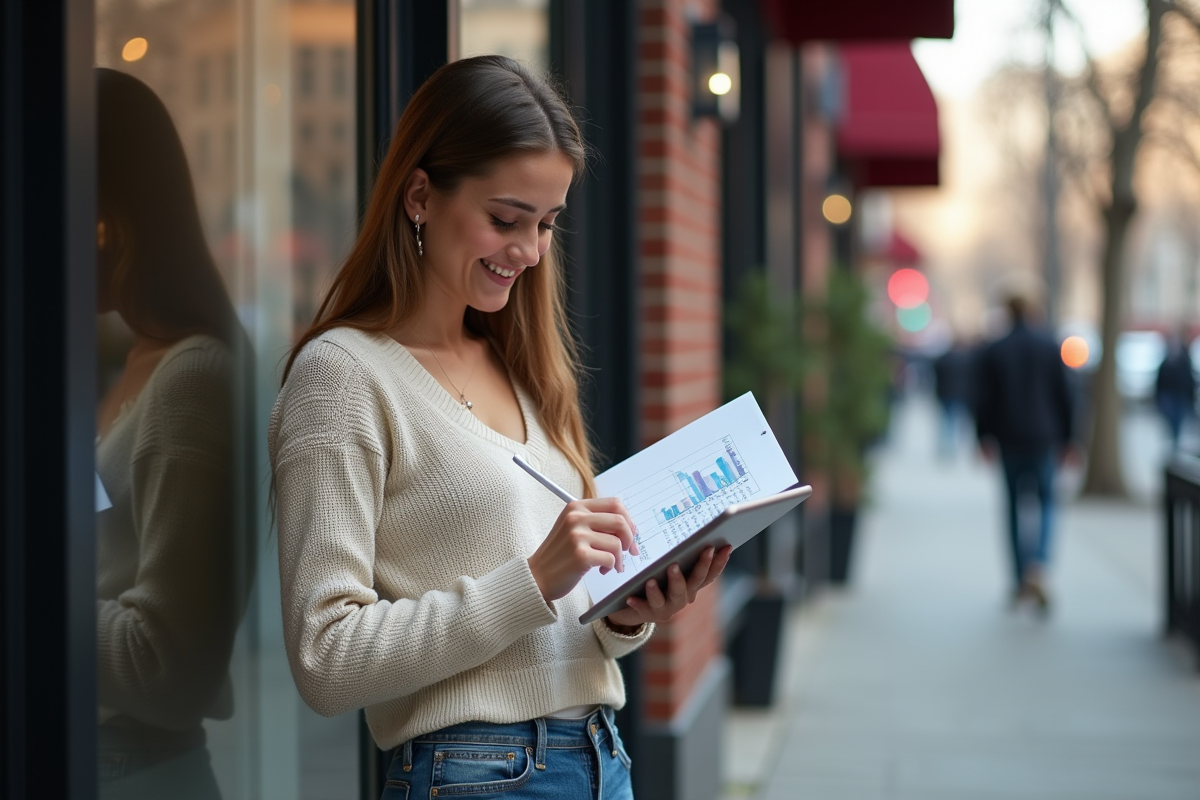 Jeune femme examine un graphique marketing en extérieur