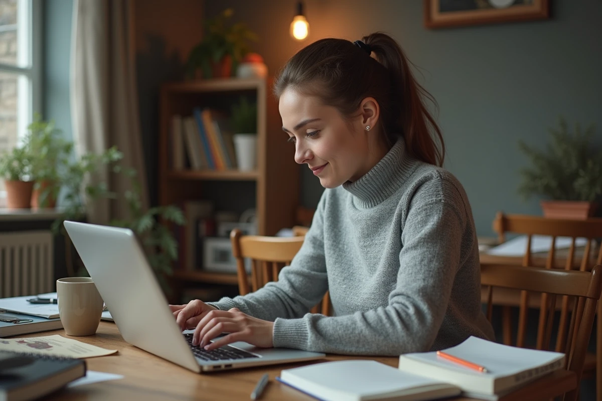 Femme détendue travaillant à la maison avec son ordinateur