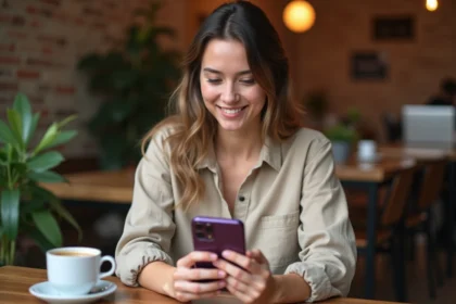 Femme comparant les prix de l'iPhone 14 Pro dans un café sur un site de bons plans