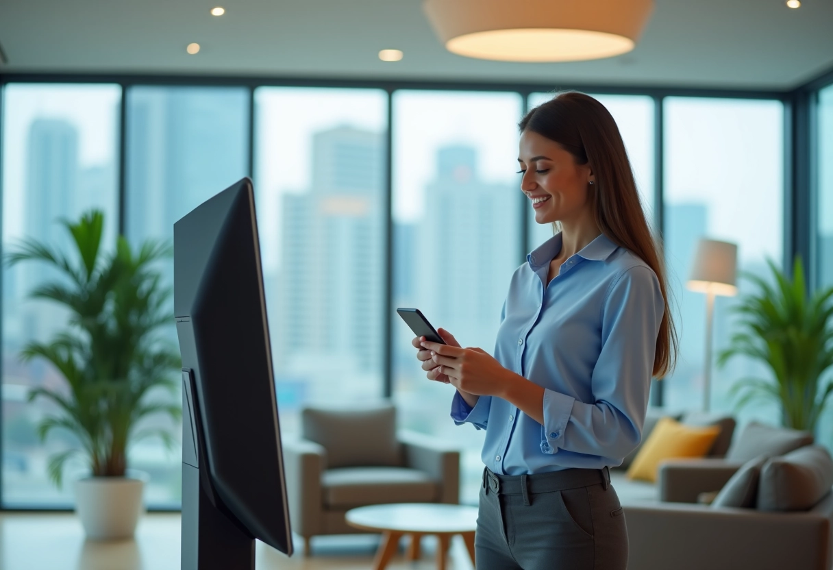 Jeune femme utilisant un appareil ENT 41 dans un bureau moderne