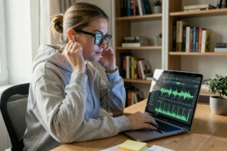 Jeune femme convertissant des vidéos YouTube en MP3 sur un ordinateur portable dans un bureau à domicile