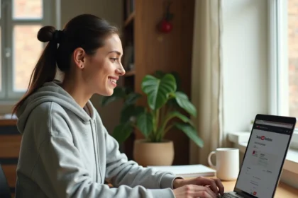 Jeune femme utilisant un convertisseur YouTube en MP3 sur un navigateur web depuis son ordinateur portable
