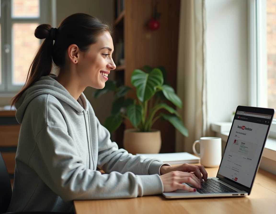 Jeune femme utilisant un convertisseur YouTube en MP3 sur un navigateur web depuis son ordinateur portable