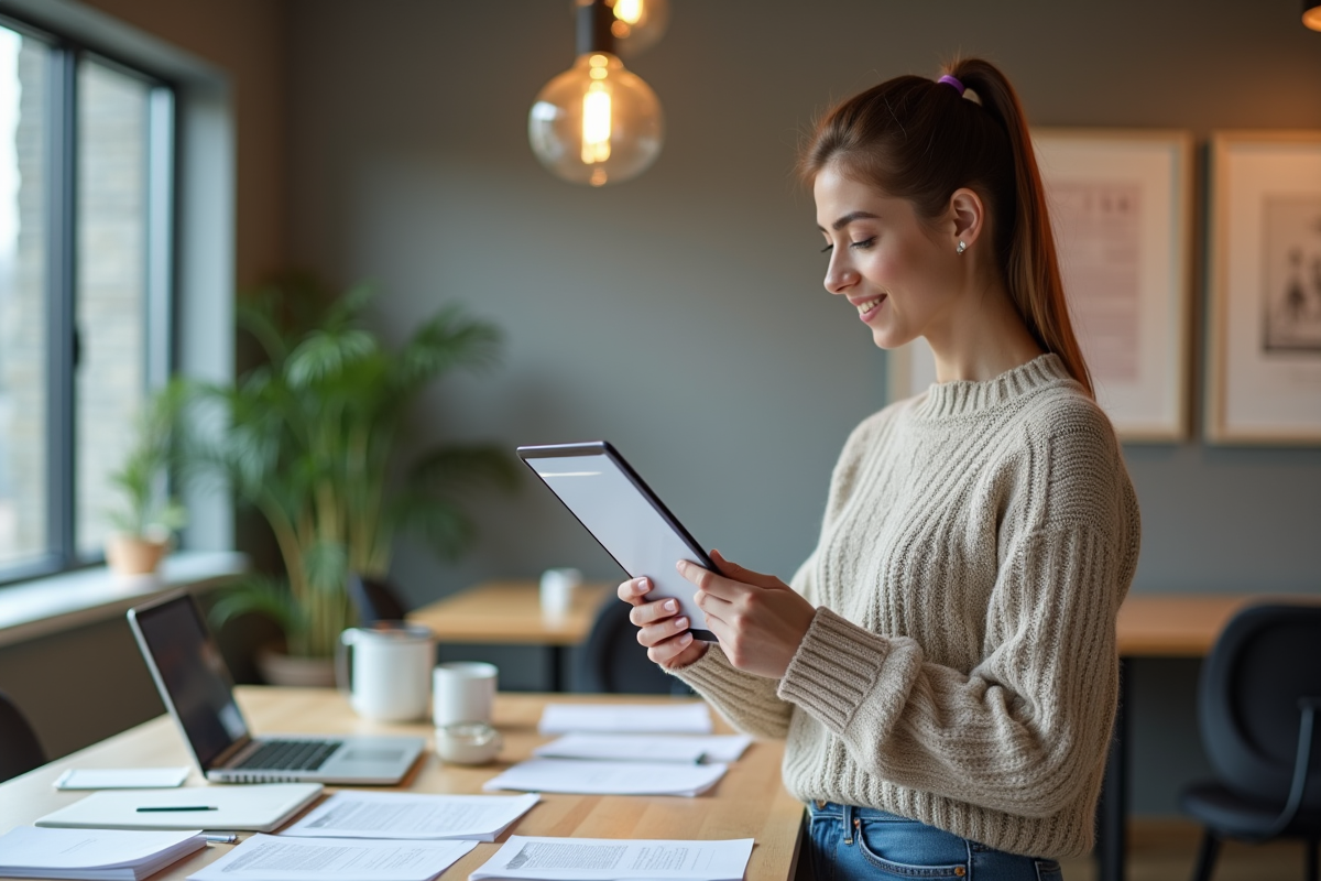 Jeune femme tenant une tablette dans un espace de coworking moderne