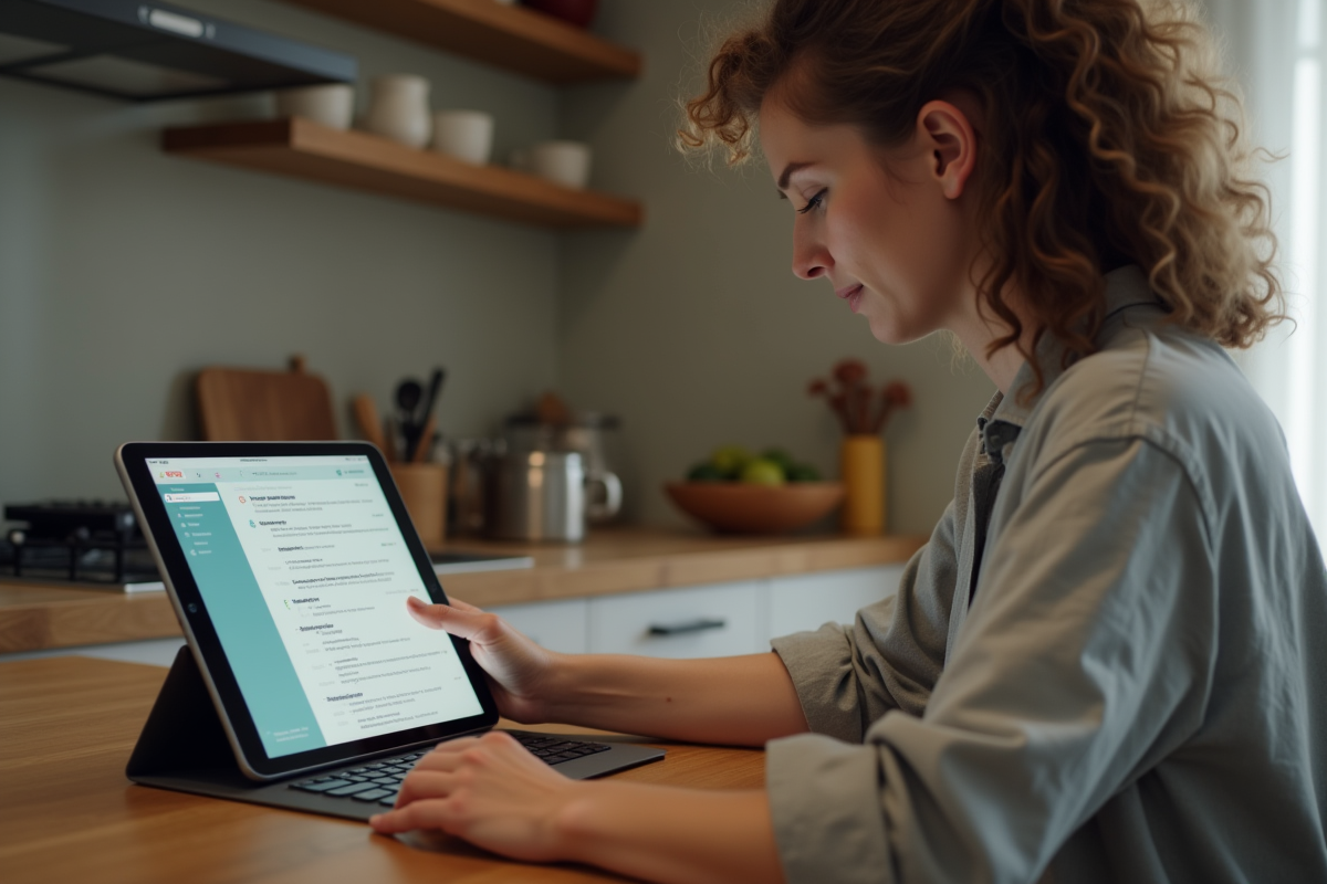 Femme détendue consultant ses emails sur une tablette dans la cuisine