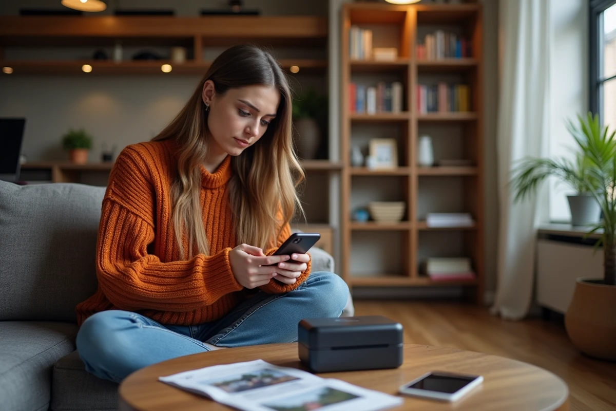 Jeune femme déçue par la qualité d'impression d'une imprimante mini portable, tenant son téléphone pour lire des avis consommateurs