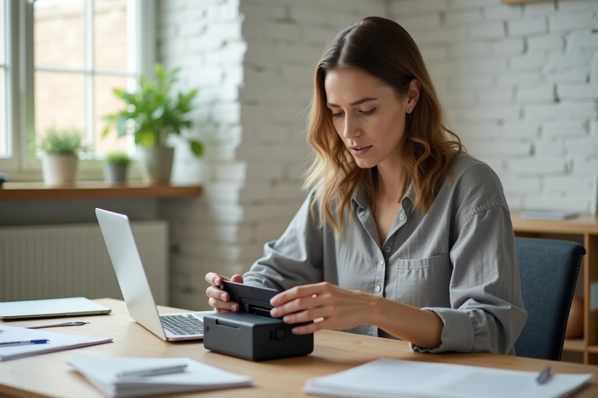 Femme examinant une imprimante portable mini avant achat, assise à un bureau en bois dans un espace de travail à domicile