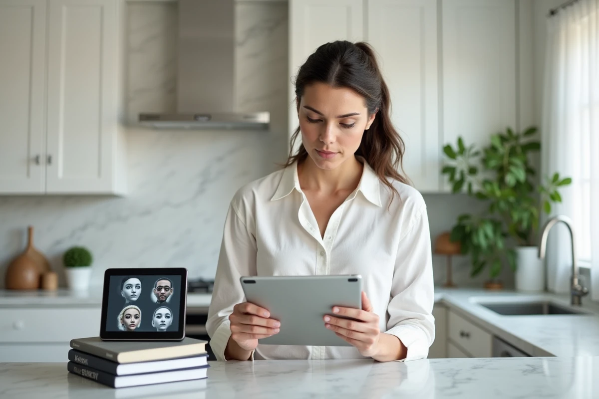Femme explorant une plateforme d'IA générative comme Cuvitai sur une tablette dans sa cuisine moderne