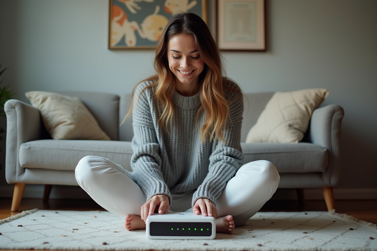 Jeune femme regardant un routeur dans un salon cosy