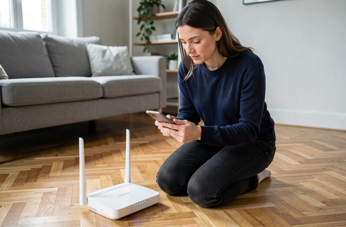 Femme inspectant les voyants d'une Freebox en panne le week-end dans un appartement moderne