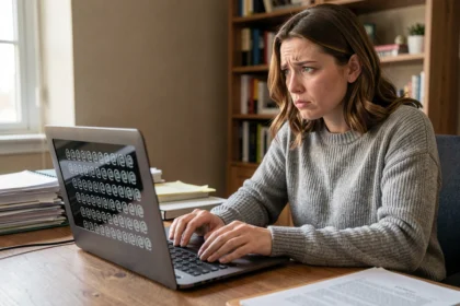 Femme frustrée devant un écran d'ordinateur affichant des arobases répétées à la place du texte normal