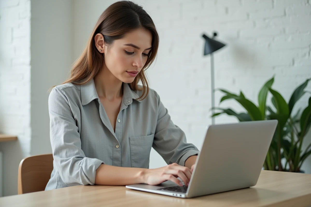 Femme utilisant un webmail sur ordinateur portable dans un bureau à domicile minimaliste