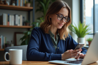 Femme de 30 ans dans un bureau cosy écoutant de la musique