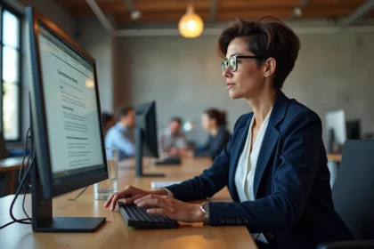Une femme utilisant un lecteur d'écran pour naviguer dans une interface graphique accessible sur un ordinateur de bureau en open space