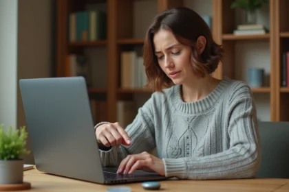 Femme frustrée devant un MacBook Pro affichant un message de disque plein dans un bureau à domicile