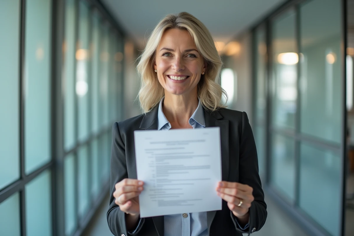 Femme en bureau tenant un document et souriant