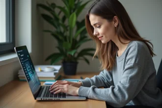 Jeune femme utilisant son ordinateur dans un bureau moderne