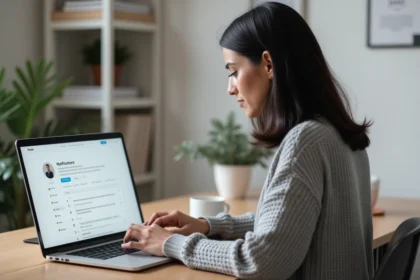 Femme paramétrant ses notifications sur son espace compte MyPrimobox depuis un bureau à domicile en 2026