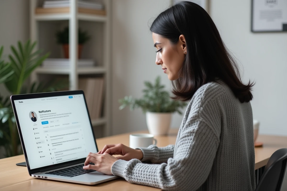 Femme paramétrant ses notifications sur son espace compte MyPrimobox depuis un bureau à domicile en 2026
