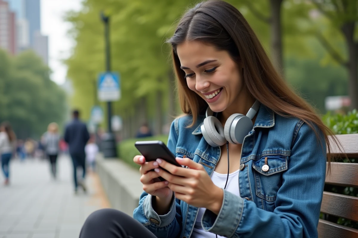 Jeune femme souriante utilisant son smartphone en plein air