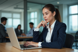 Jeune femme en bureau moderne travaillant sur son ordinateur