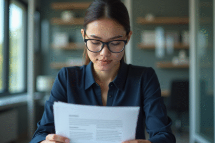 Femme professionnelle en bureau moderne avec document PDF
