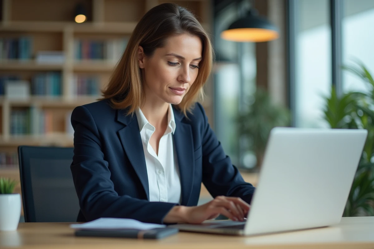 Femme professionnelle configurant sa signature email sur un webmail depuis un ordinateur portable dans un bureau moderne